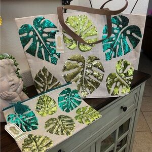 Tropical Leaf Sequin Tote and Pouch Set